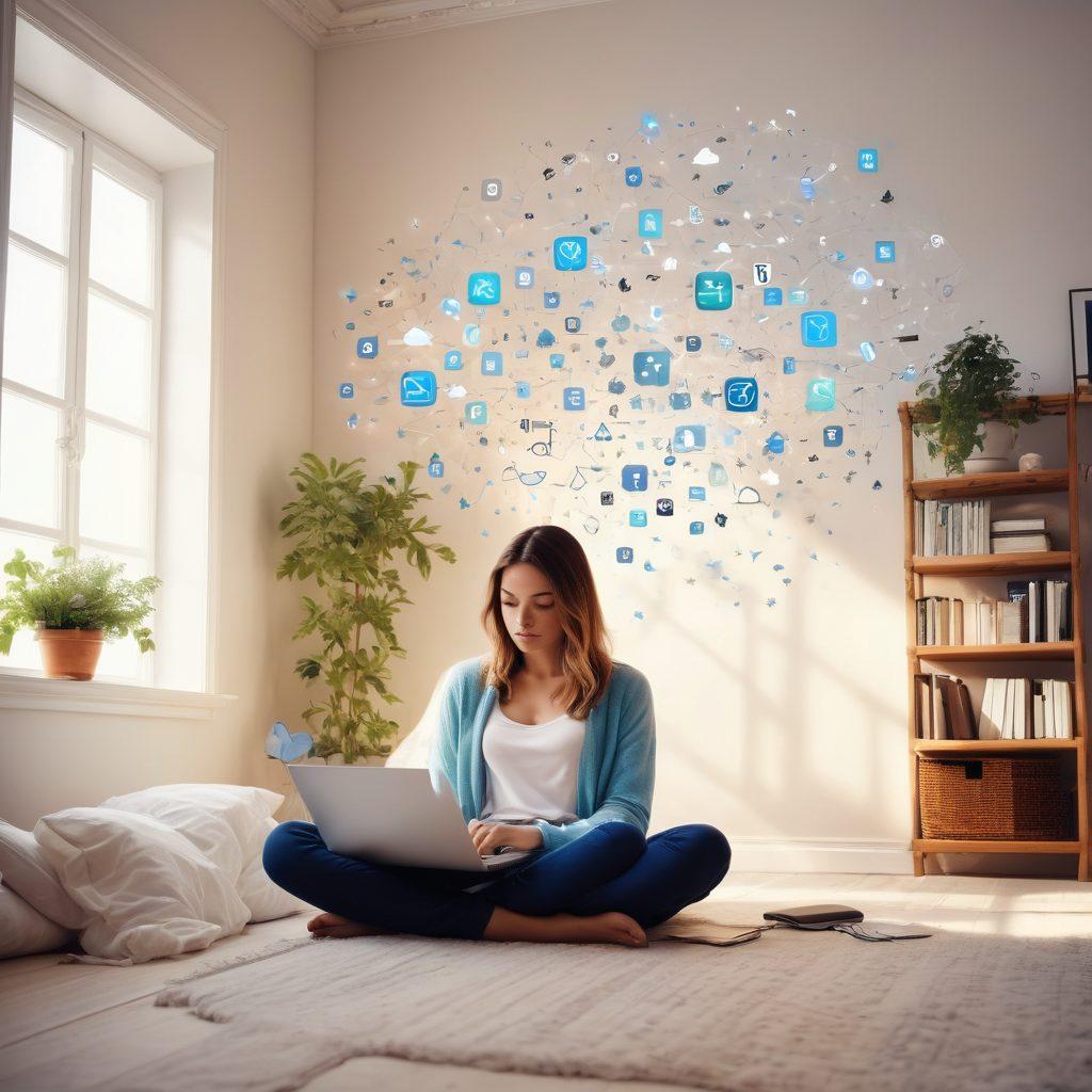A serene digital landscape depicting a person peacefully browsing on a laptop in a sunlit room, surrounded by symbols of connectivity like Wi-Fi signals and cloud icons floating around. In the background, a contrast of chaotic internet symbols gradually transforming into calming elements like flowers and butterflies, illustrating the transition from frustration to bliss. Emphasize colors that evoke tranquility and harmony. super-realistic. vibrant colors. white background.