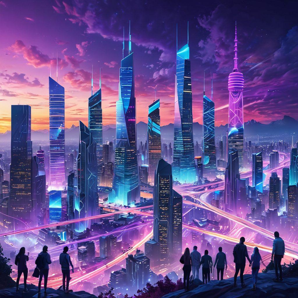 A futuristic cityscape showcasing a vibrant, interconnected world with towering skyscrapers adorned with wireless signal towers glowing in bright colors. In the foreground, diverse people engage with holographic devices accessing seamless internet, symbolizing transformation and connectivity. Ethereal waves of light representing wireless signals cascade through the scene, emphasizing unlimited potential. The sky is a striking blend of blue and purple hues, giving a sense of innovation and growth. super-realistic. vibrant colors. 3D.